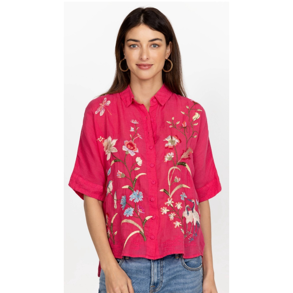 Johnny Was Geniveve Relaxed Dolman Top Womens Sz S Pink Floral Embroidered Boho